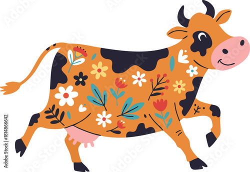 Cute floral patterned cow vector illustration with playful expression and decorative flowers on body
