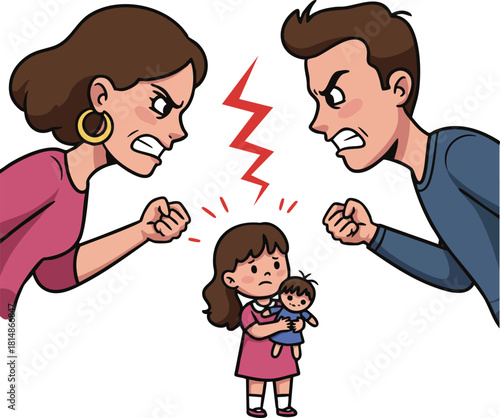 Angry parents arguing in front of upset child holding doll family conflict vector illustration