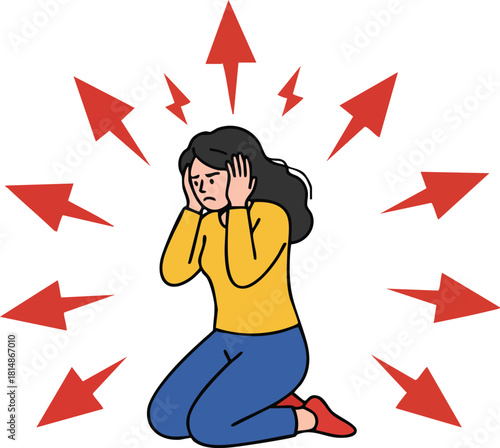 Woman experiencing stress anxiety pressure with red arrows pointing outward vector illustration