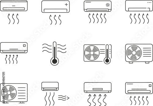 Collection of Line Art Icons Representing Air Conditioners and Thermometers AC unit HVAC