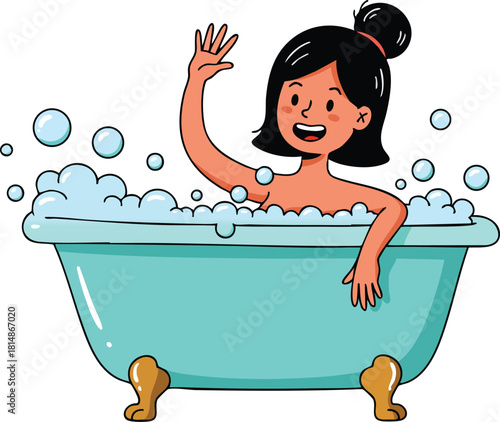 Girl smiling waving hand in bathtub with bubbles playful hygiene vector illustration
