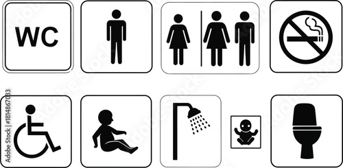 Set of Public Facility and Accessibility Icons Including Restrooms and No Smoking Sign