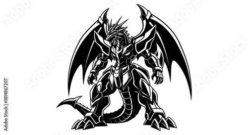 Monochromatic line art of a fierce armored dragon warrior.