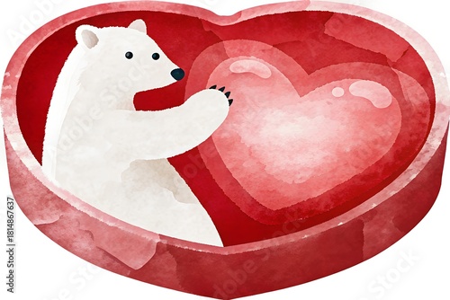 Cute polar bear holding a heart-shaped ice on a red background