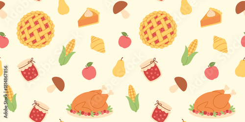 Seamless Thanksgiving pattern with turkey, pie, jam, corn, fruits, mushrooms, fall treats in a warm, festive color palette. For card, background, crafts, print, wallpaper, packaging, banner design.