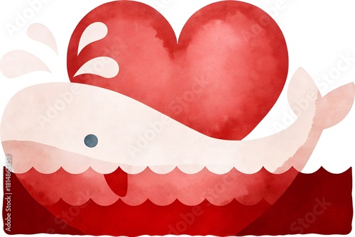 Whale splashing water with a heart above on a red background for Valentine's Day