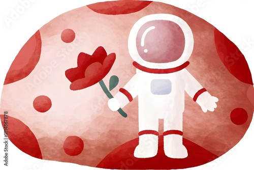 Astronaut holding a flower on a red abstract background