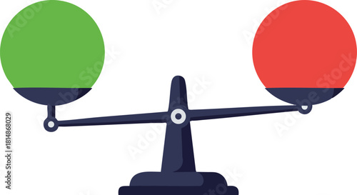 Balance scale with green and red spheres for comparison and decision making vector illustration