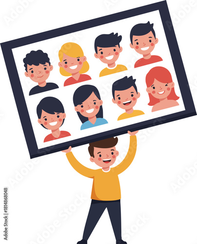 Person holding photo frame with group of smiling diverse faces happy illustration vector