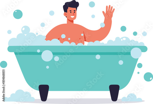 Man enjoying bath in bathtub with bubbles and foam vector illustration