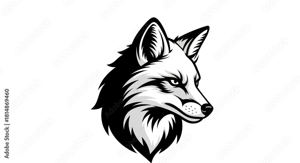 Obraz premium Stylized Black and White Fox Head Illustration Fierce Expression.