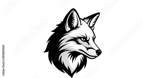 Stylized Black and White Fox Head Illustration Fierce Expression.