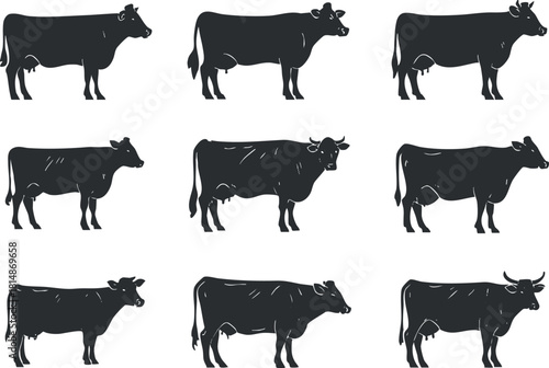 Collection of minimalist black and white vector illustrations of cows ideal for agricultural and dairy design projects