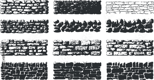 Collection of hand-drawn vector wall textures featuring various styles of bricks and stones for graphic design projects