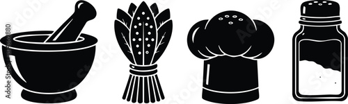 Cooking tools including mortar and pestle, herbs, chef hat, and salt shaker for culinary arts 