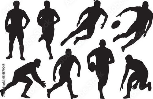 rugby player silhouette running passing ball set of eight action vectors