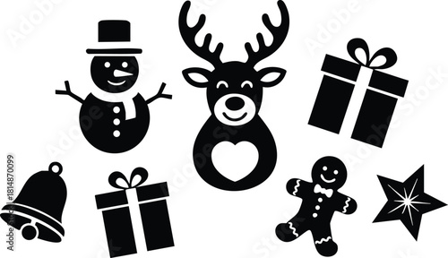 Christmas-themed vector illustration featuring snowman, reindeer, gifts, and gingerbread man for festive holiday designs .