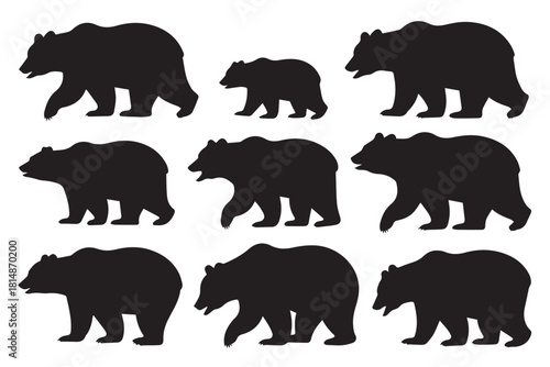 bear silhouettes nine black bear postures grid side profile vector