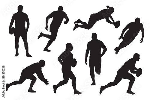 rugby player silhouette action poses set eight rugby ball vector silhouettes