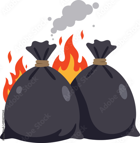 Burning trash bags with fire and smoke vector illustration on white background