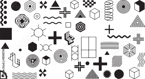 geometric shapes collage with cubes circles lines and radial patterns