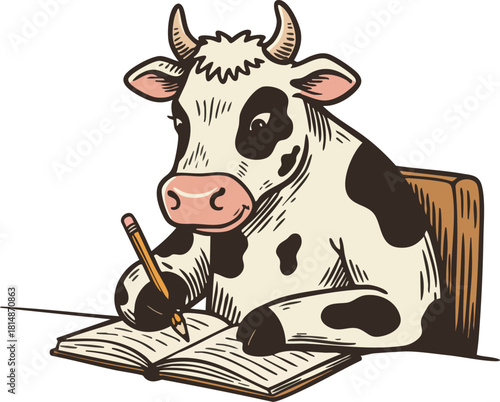 Cow writing in notebook with pencil sitting on wooden chair vector illustration cartoon animal education concept