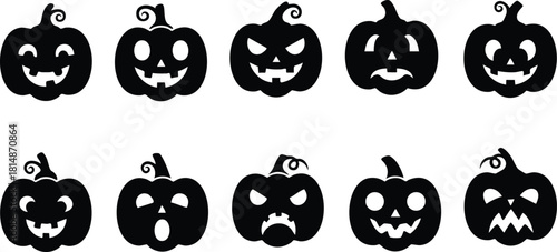 Halloween pumpkin faces collection featuring various expressions for festive decoration and creative projects 
