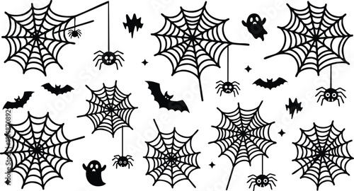 Halloween-themed vector collection featuring spooky spiders, webs, bats, and ghosts for festive decorations 