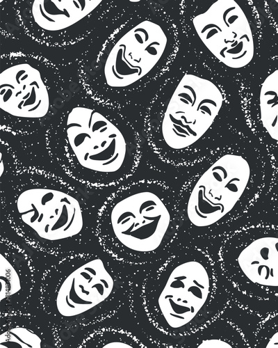 Stylized black and white vector pattern of theater masks representing comedy and tragedy for artistic and design projects