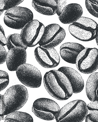 Hand-drawn black and white vector pattern featuring various coffee beans, ideal for packaging, branding, and culinary designs