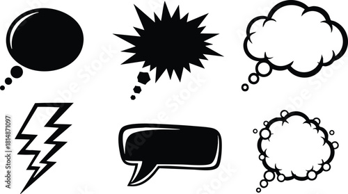 Speech bubbles and comic elements in bold black and white vector style for creative projects 