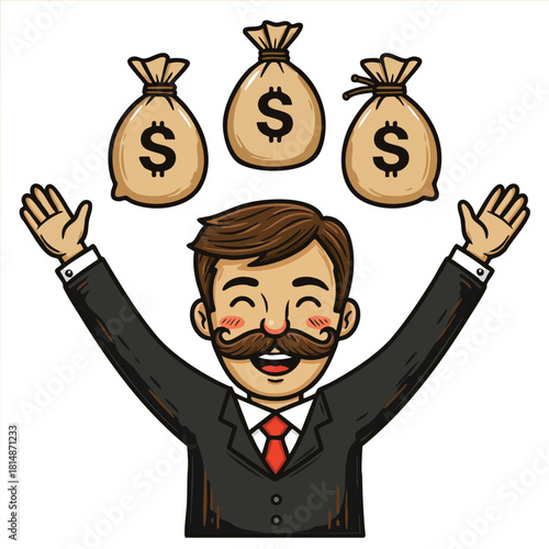 Businessman with mustache throwing money bags up happy success concept vector illustration
