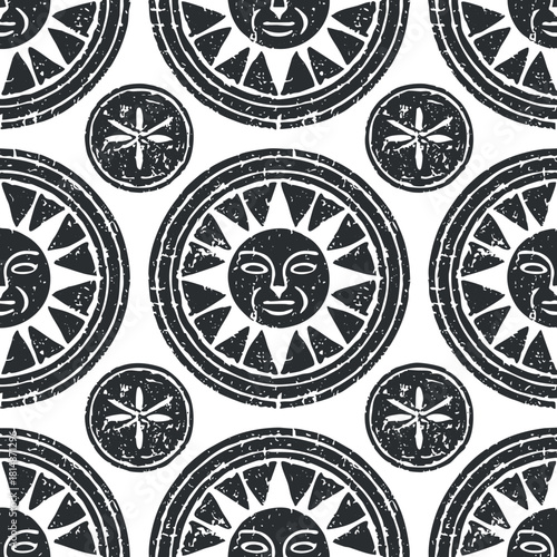 Vintage black and white vector pattern featuring stylized sun motifs and circular designs for textiles and decor.