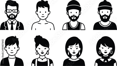 Diverse group of illustrated characters showcasing various hairstyles and styles in a modern vector design format 