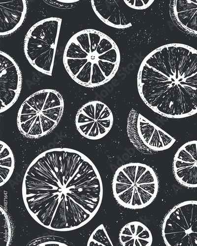 Hand-drawn black and white vector pattern featuring various citrus fruit slices for fresh food design and packaging