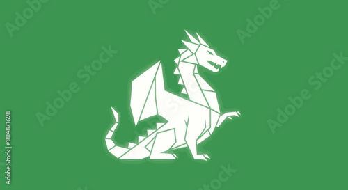 Geometric, white dragon sitting on a green background