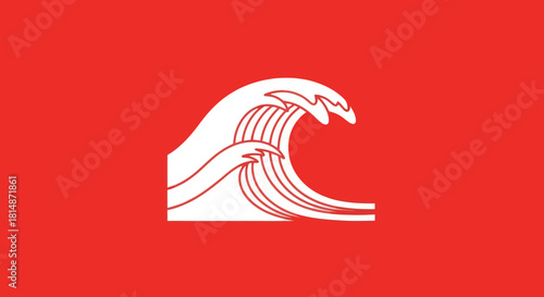 Stylized white wave graphic over a solid red background