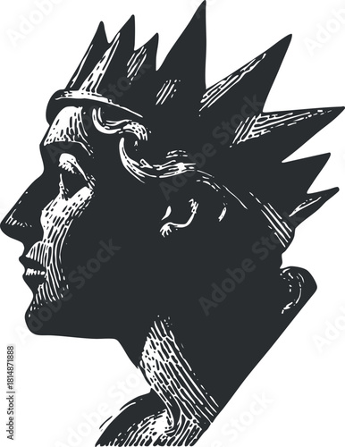 Stylized black and white vector illustration of a profile view of a character with spiked headgear, suitable for artistic and branding projects