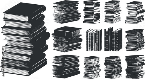 Collection of black and white vector illustrations featuring various stacks of books for educational and literary design projects