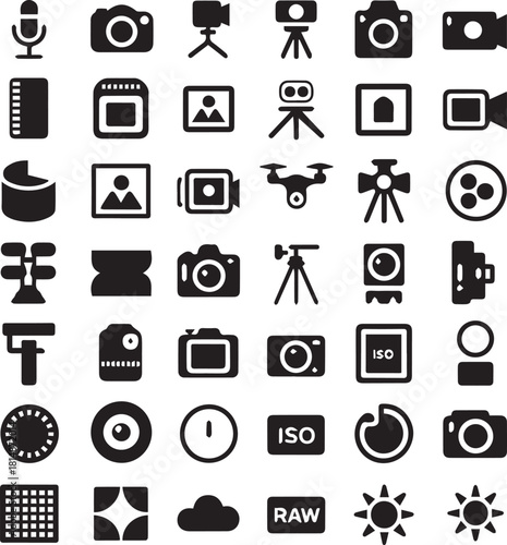 camera icon set for photography and videography tools and media symbols