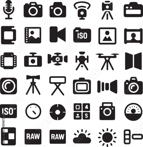 camera media icons pack drones lenses lighting gimbal and file symbols