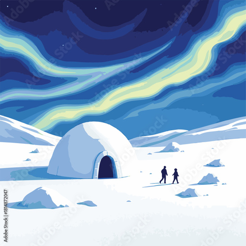 Igloo Under Northern Lights Vector Illustration