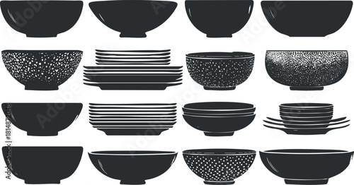 Stylish vector illustration of various bowls and plates in a minimalist black and white style for kitchen and dining design