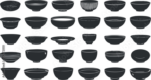 Collection of minimalist black and white vector illustrations of various bowl designs for kitchenware and tableware projects
