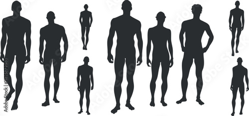 Collection of minimalist black silhouette vector illustrations of diverse human figures in various standing poses for design projects