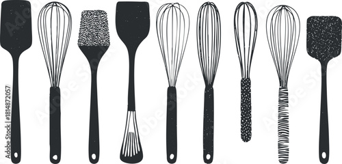 Stylish collection of black and white vector illustrations featuring various kitchen utensils like whisks and spatulas for culinary design projects