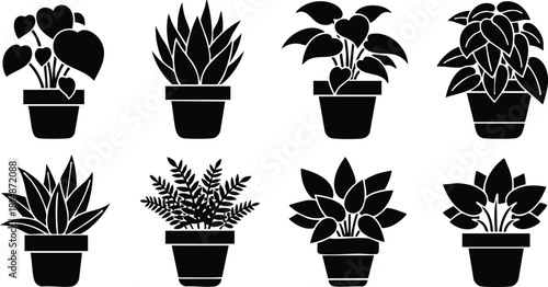 Assorted potted plants in black silhouette style for decorative purposes and nature lovers 