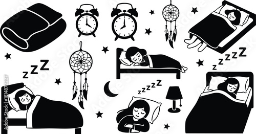 Sleep-related vector illustrations featuring dream catchers, beds, and sleeping figures for relaxation and tranquility 