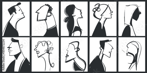 Minimalist black and white vector illustration featuring a collection of stylized profile silhouettes for creative design projects