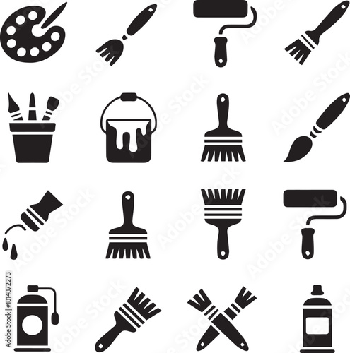 paintbrush icons set painting tools palette roller spray can vector